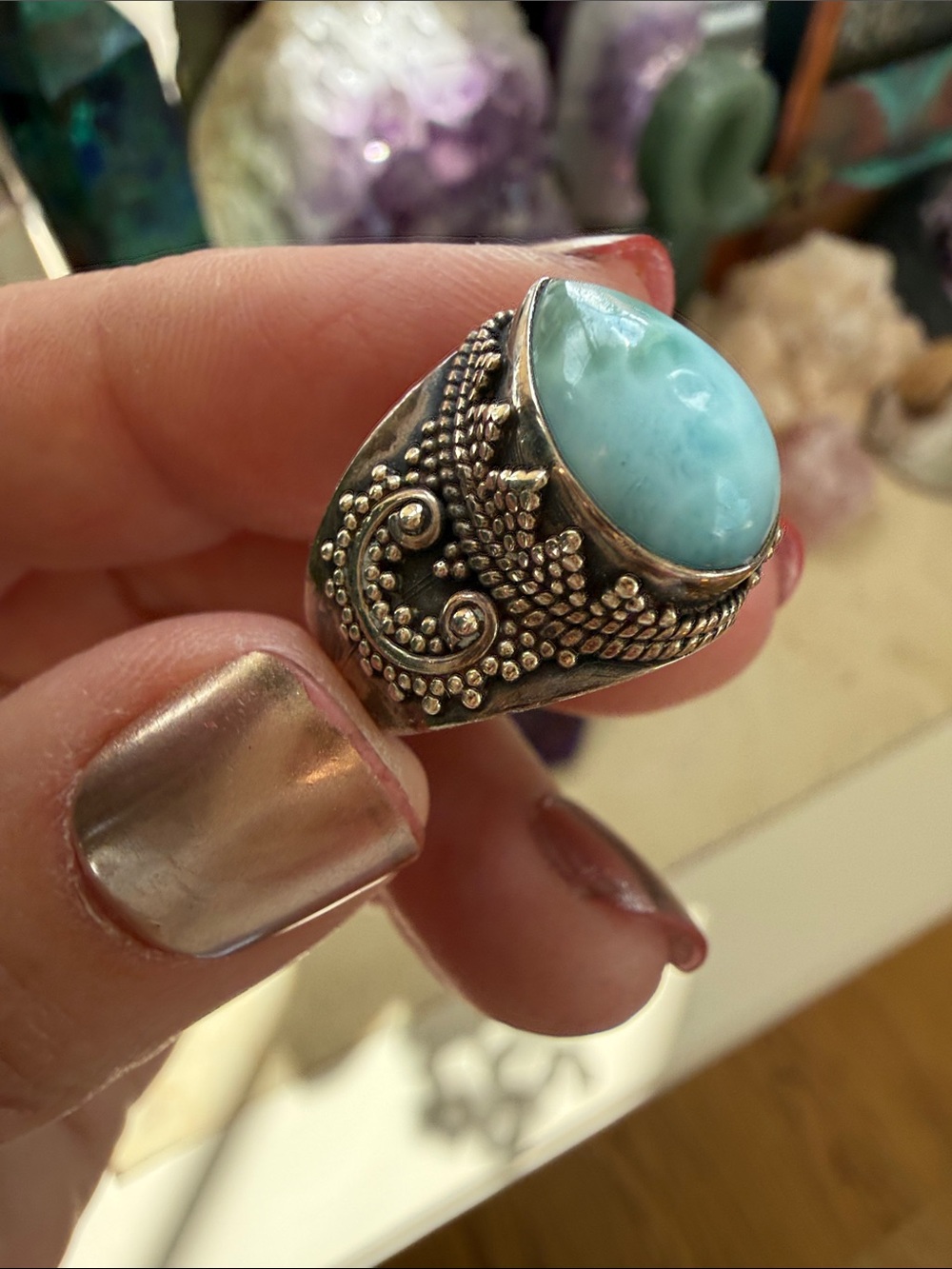 Sterling Silver Larimar Statement Ring in Sky Blue size 7